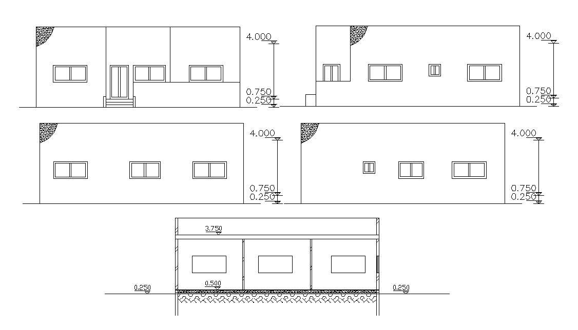 Four Side Elevations And Section Of House Design DWG - Cadbull