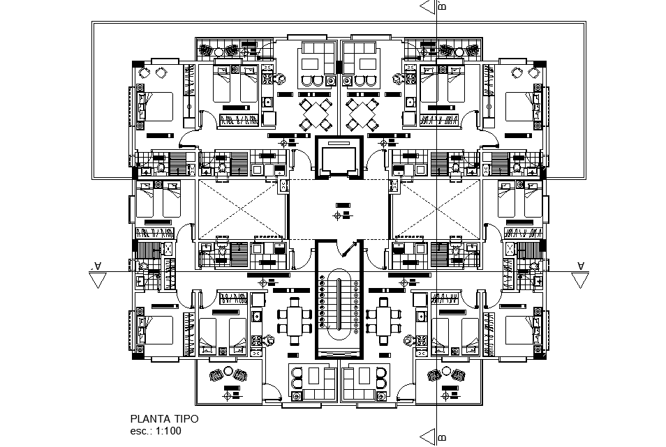 Four blocks apartment typical floor plan is given in this AutoCAD file ...