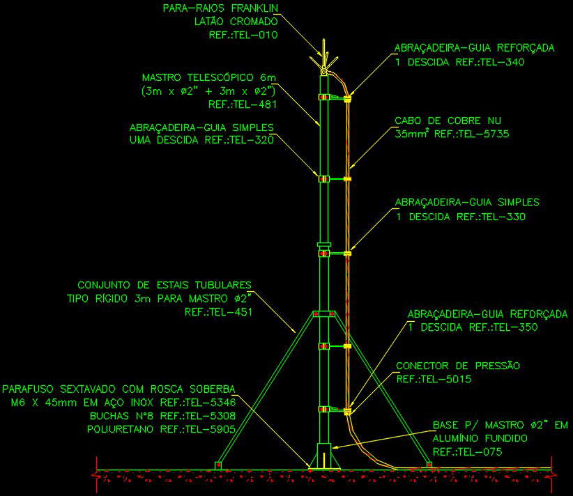 Franklin type lightning arrester in telescopic mast 6m and 1 descent detail  drawing - Cadbull