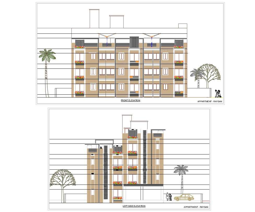 Front And Left Side Elevation Of Apartment Building With Presentation ...