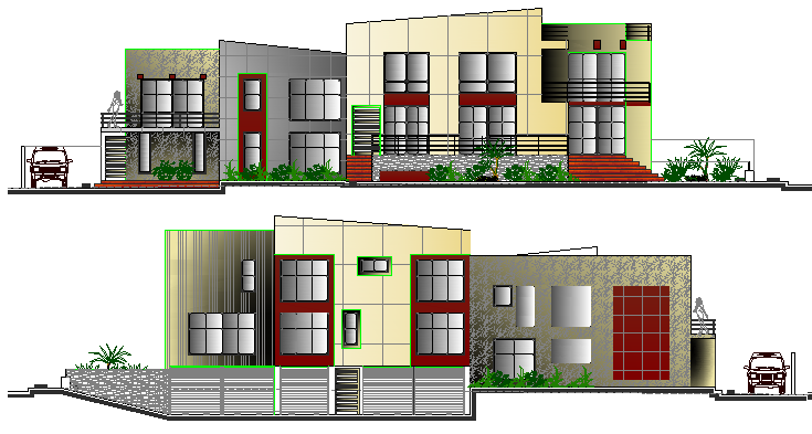 Front and back elevation view of two flooring villa dwg file - Cadbull