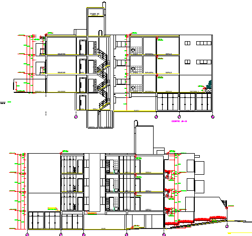 Front and back sectional view of residential apartment building dwg ...