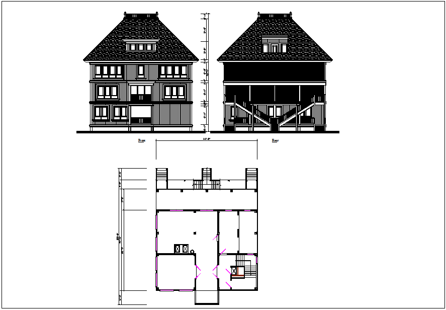 Front rear elevation  view  plan  layout view  of house 