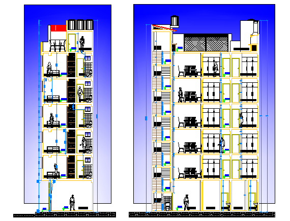 Front And Side Section Details Of Multi Flooring Housing Building Dwg File Cadbull