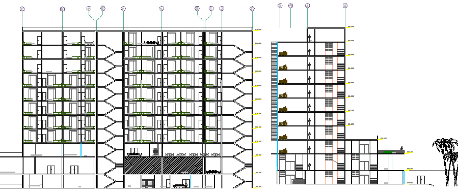 Front and side sectional view of multi-flooring hotel dwg file - Cadbull