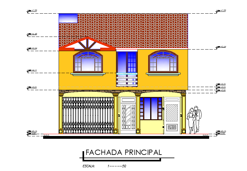 Front Elevation Single Family House Plan Detail Dwg File Cadbull