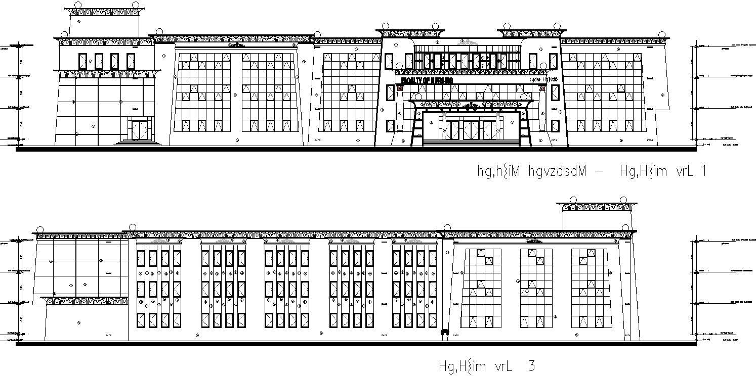 Front And Back Elevation Of A Educational Building. - Cadbull