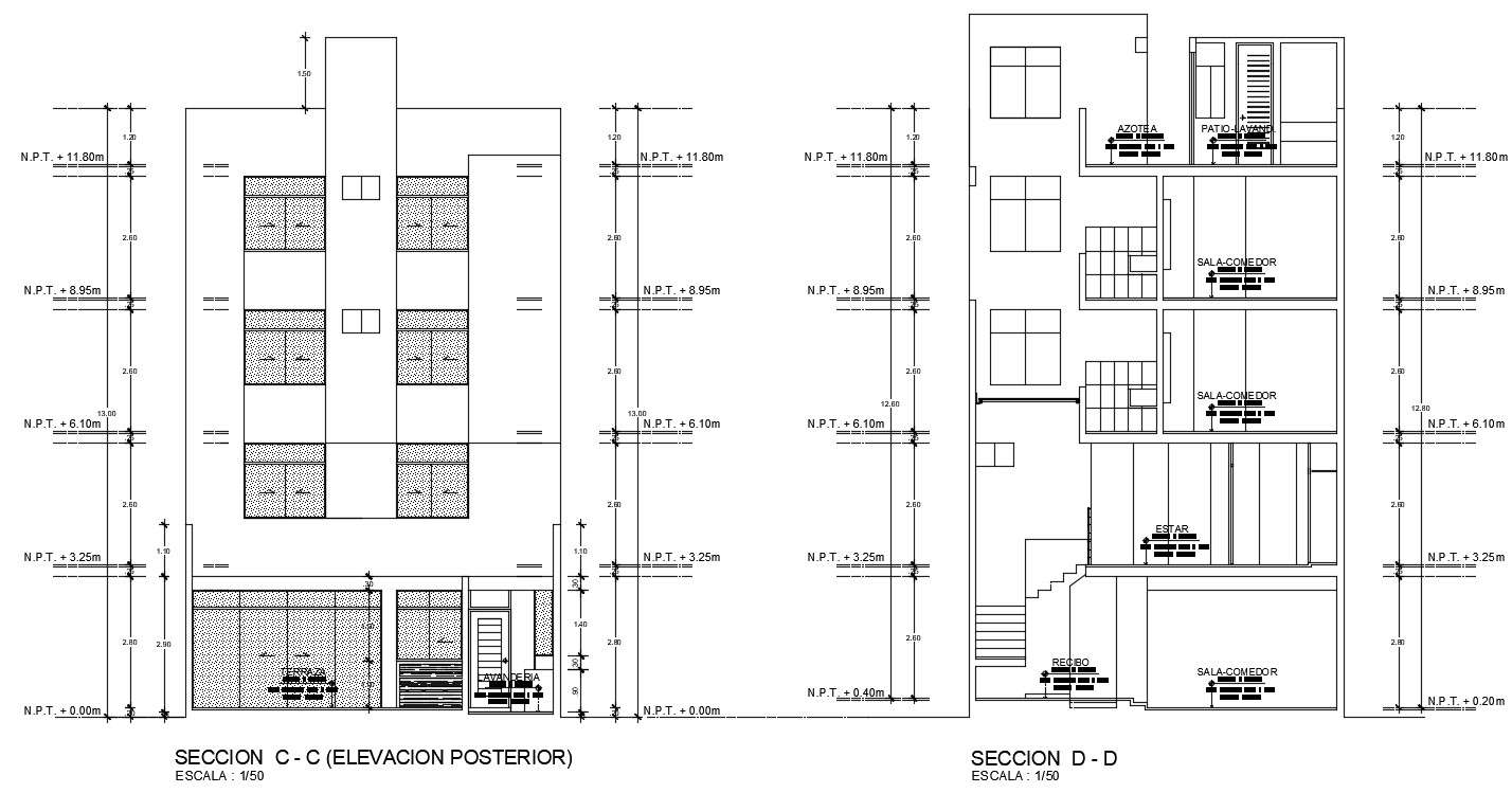 Front And Back Side Section View Of 8x21m House Building Is Given In This 2d Autocad File