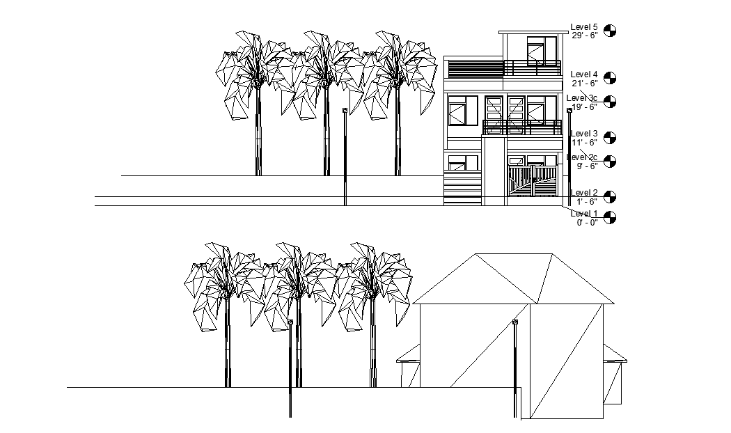 East face elevation of the house plan is given in this 2D Autocad
