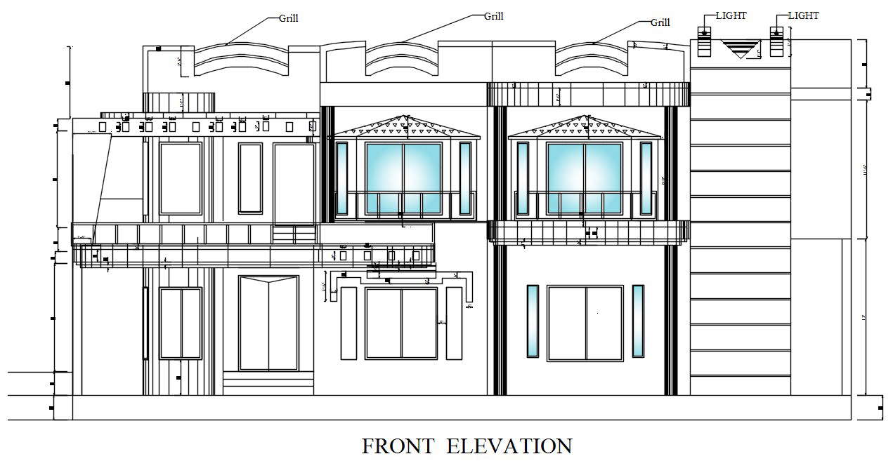 Front elevation of the modern house design in 2D AutoCAD drawing, dwg ...