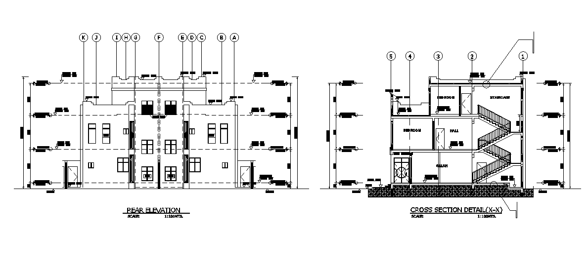 Front elevation of the villa building is given in this Autocad drawing ...