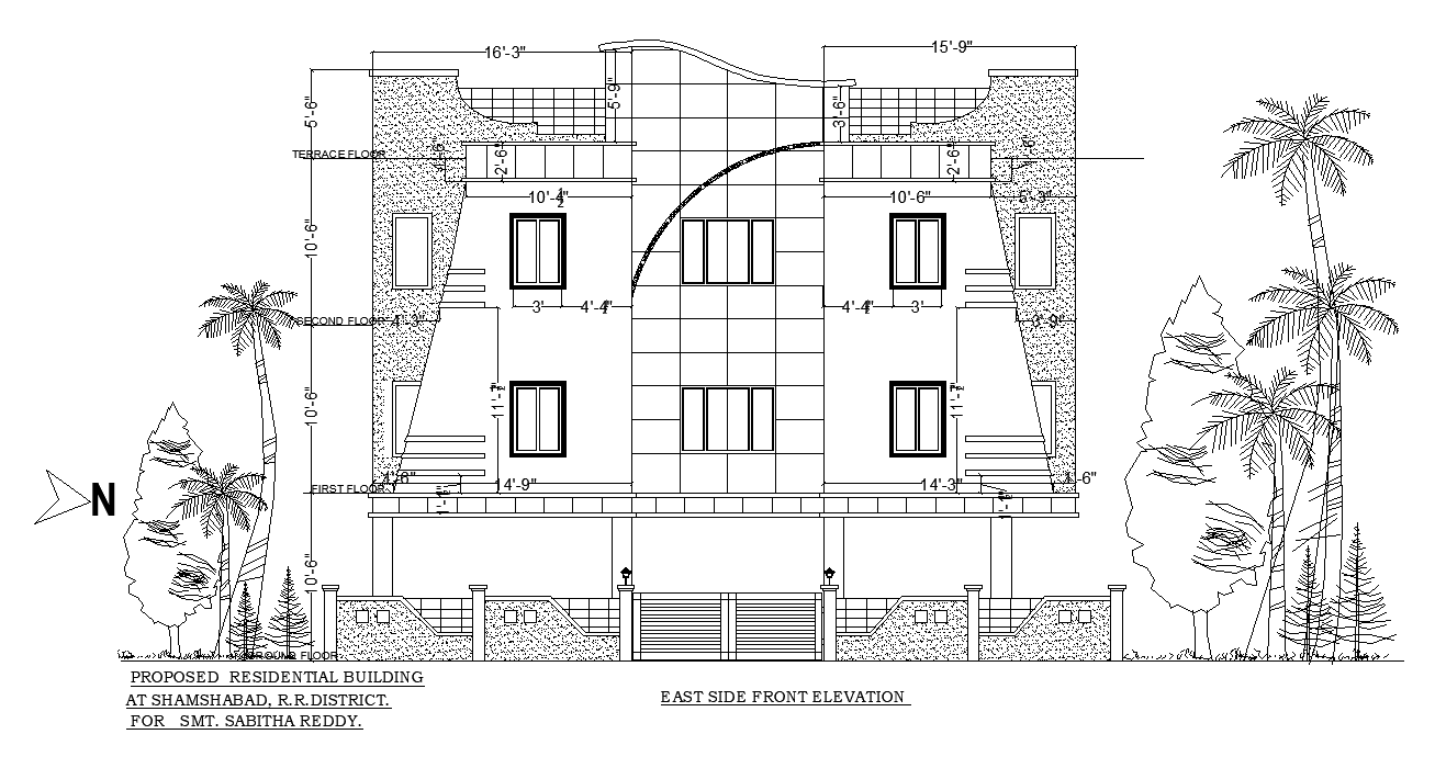 Front elevation view of 80’x80’ residential house building is given in ...