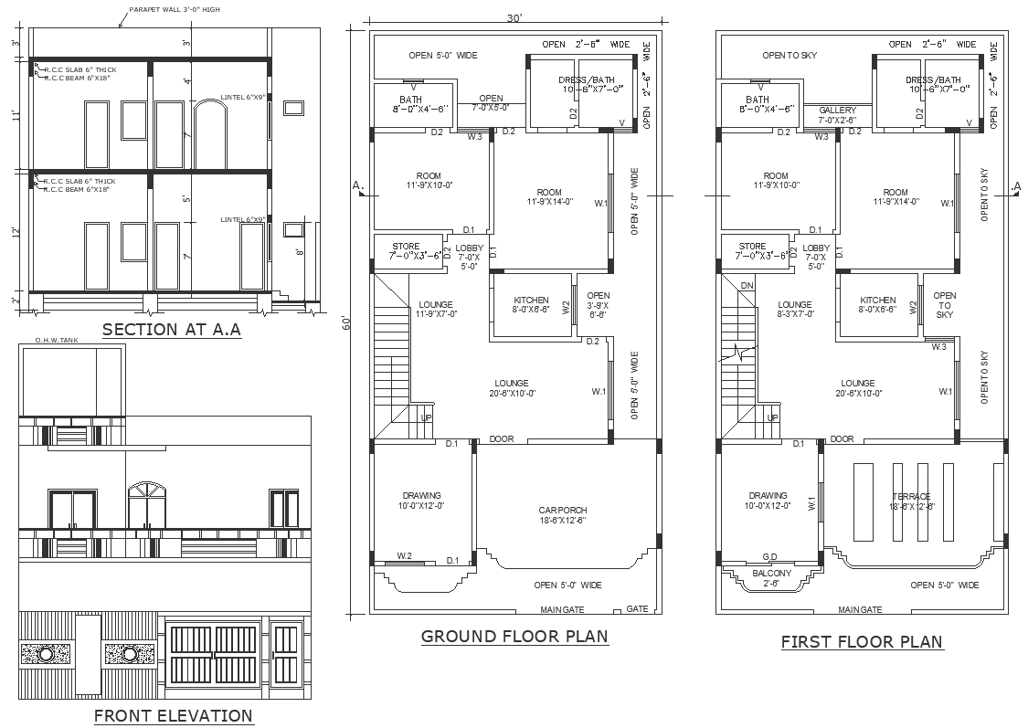 Front elevation with balcony details and floor plan, section and other ...