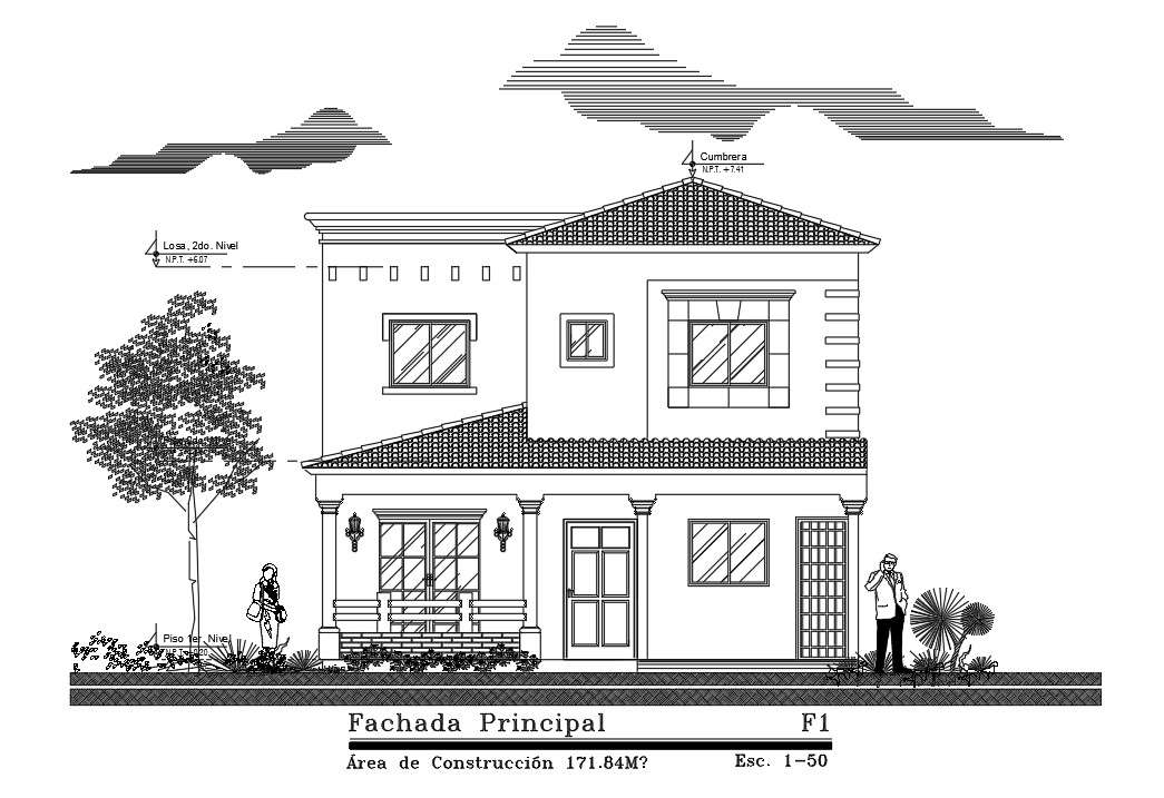 Front painting elevation view of 10x20m house building is given in this ...