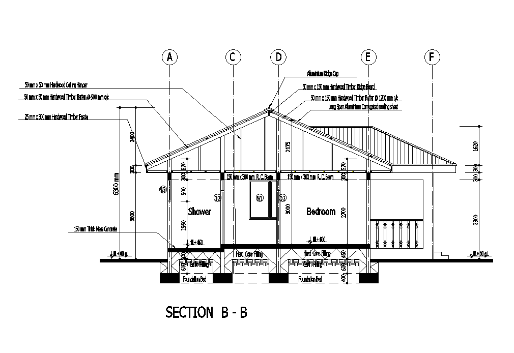 Front section view of 11x11m house plan is given in this Autocad ...