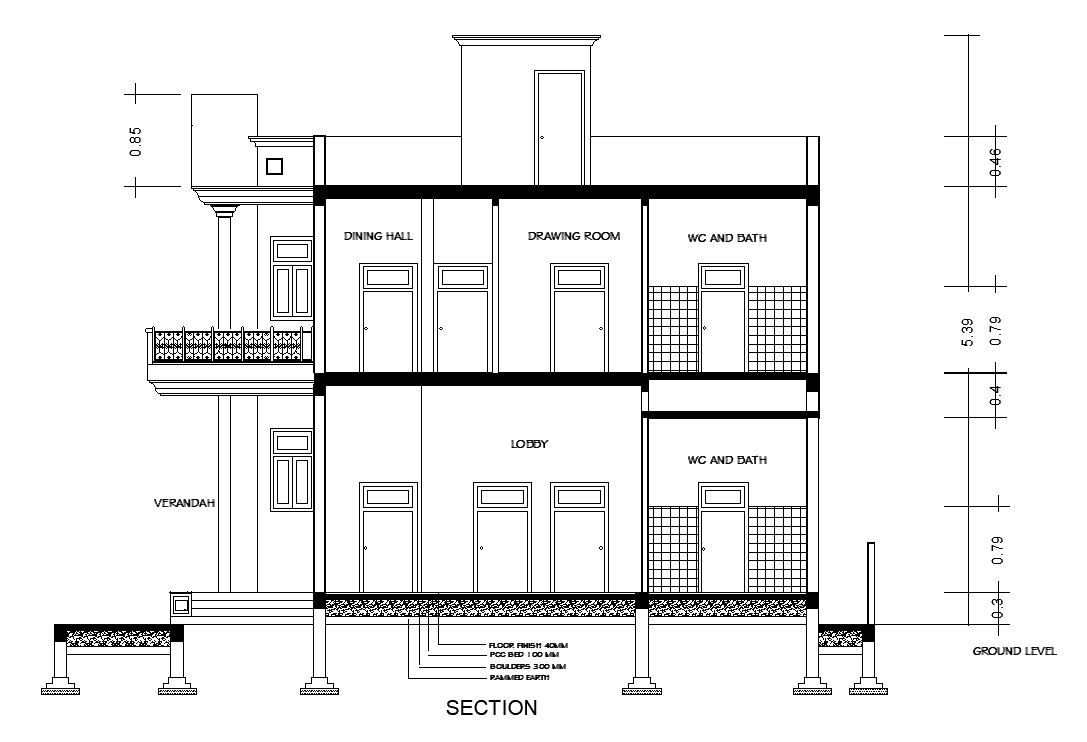 Front section view of 12x8m villa building is given in this AutoCAD ...