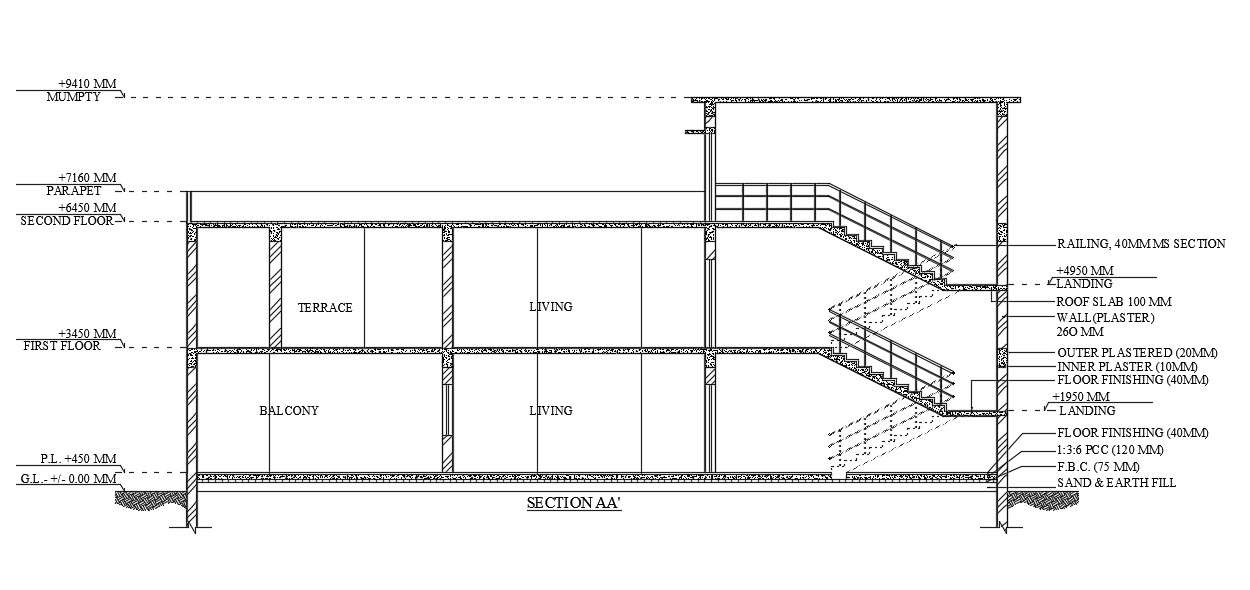 Front Section View Of 17x16m House Is, How To Install Outdoor Steps On A Sloped Roof In Autocad