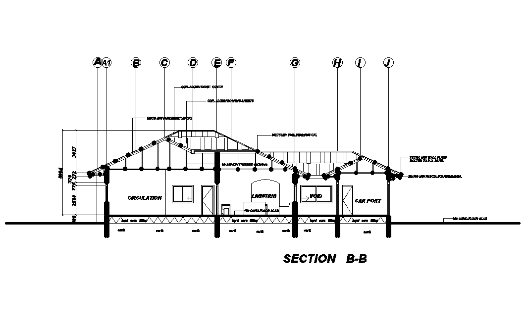 Front section view of 20x19m house plan is given in this Autocad ...