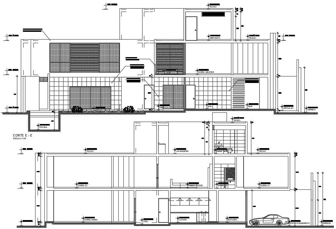 Front Section View Of 23x16m First Floor House Building Is Given In This Autocad Drawing File