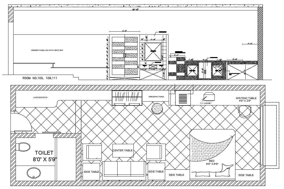 Front section view of 40’x15’ hotel room plan is given in this Autocad ...