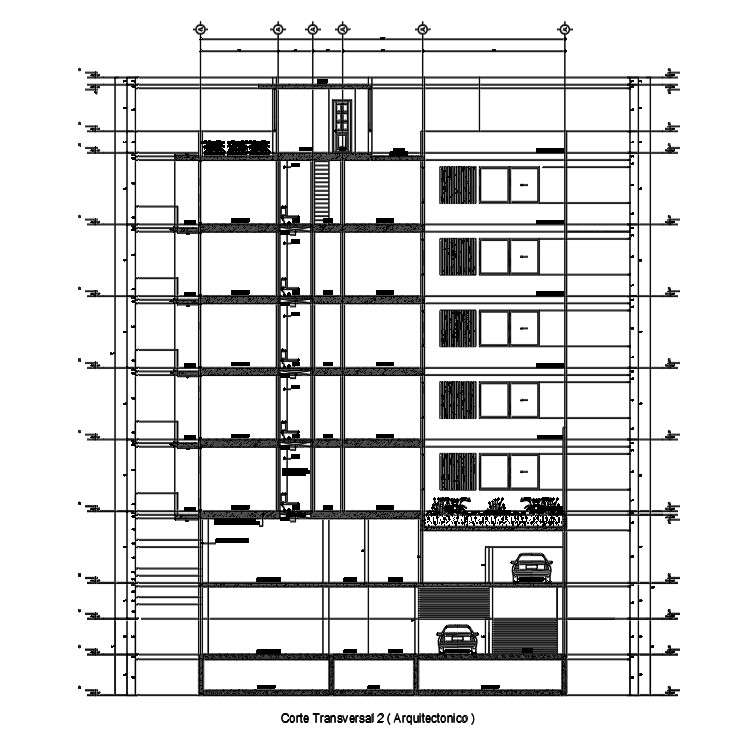 Front section view of 50x43m commercial shop building is given in this ...