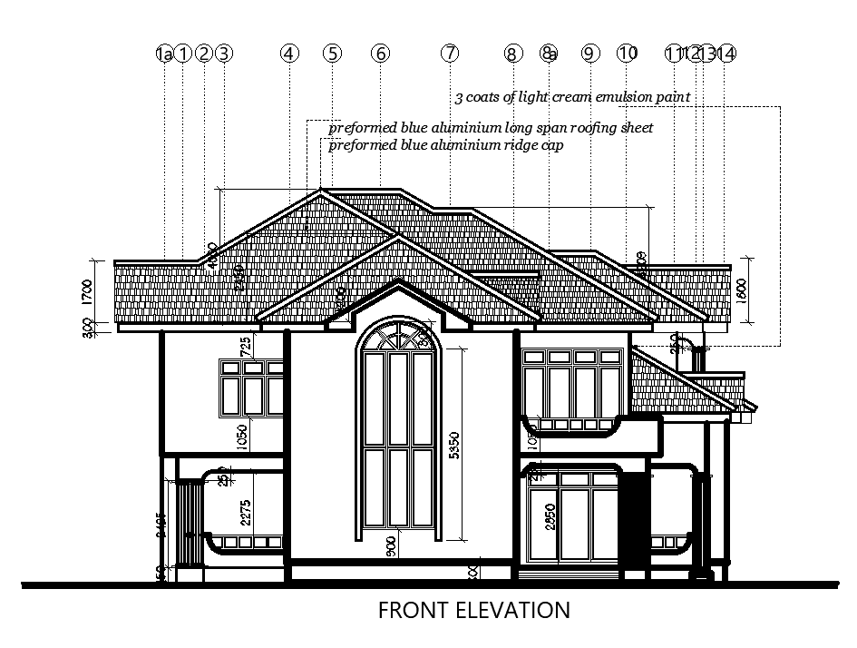 Front side elevation of 21x16m house plan is given in this Autocad ...