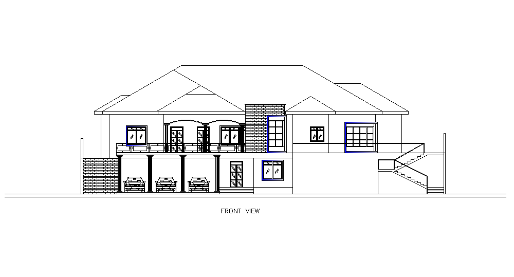 Front view of 3Bhk house plan is given in this Autocad drawing file ...