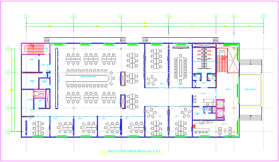 Furniture detail plan view of first floor of building dwg file - Cadbull