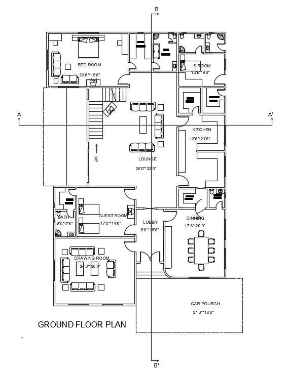 Furnitures Detail Of 63x106 Ground Floor House Plan Is Given In This Autocad Drawing Model