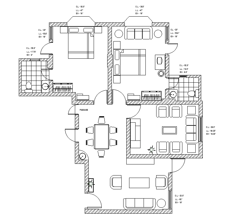 Furnitures Layout Of 24x39 Ground Floor House Plan Is Given In This Autocad Drawing File