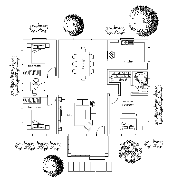 Furnitures Layout Of 46x38 Residential House Plan Is Given In This Autocad Drawing Model