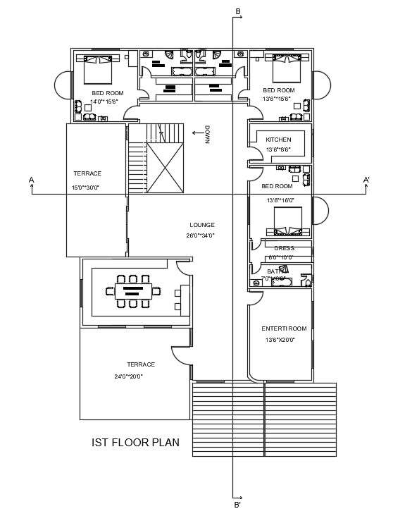 Furnitures Layout Of 63x106 First Floor House Plan Is Given In This Autocad Drawing Model