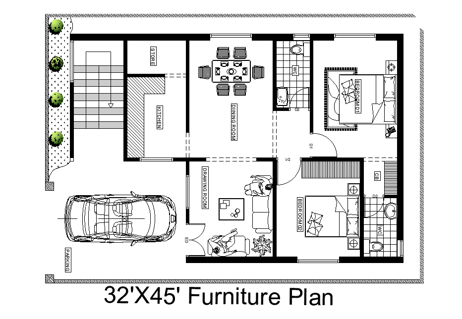 Furniture S Plan Of 32 X45 East Facing House Plan Is Given As Per Vastu Shastra In This Autocad Drawing File Cadbull