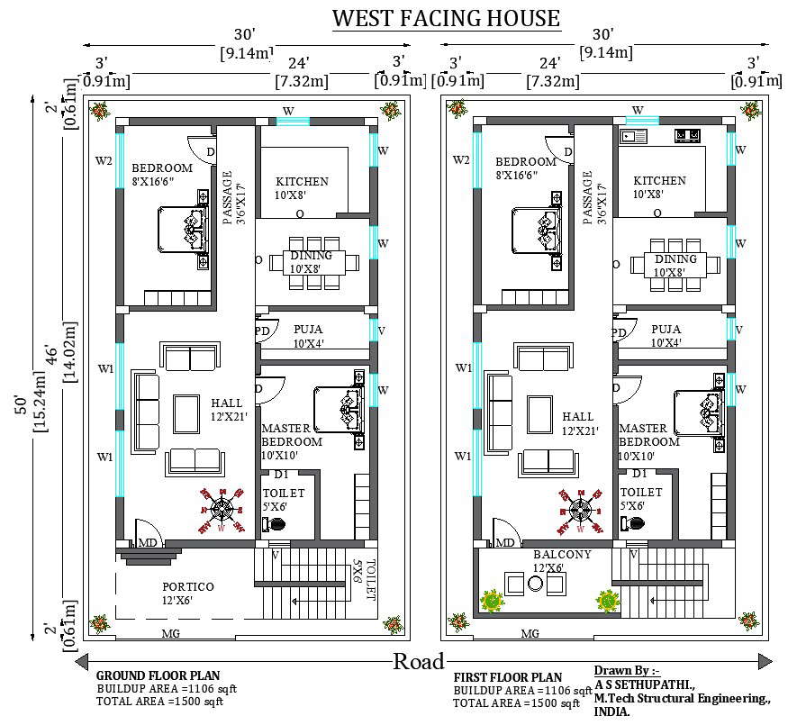 G+1 West facing 30x50 sqft house plan. Download Now free