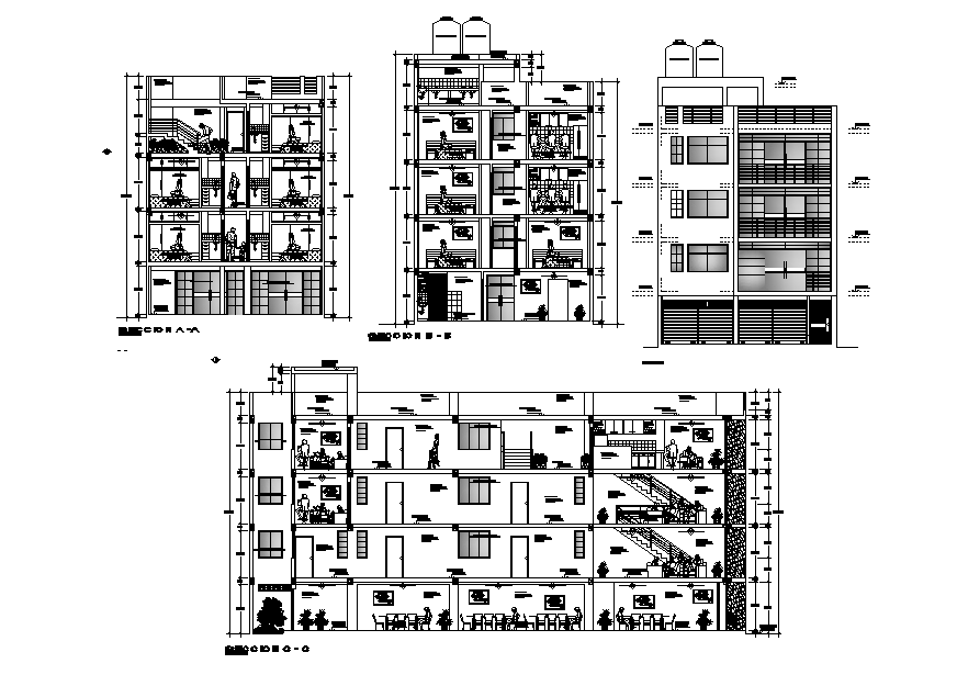 G+3 Storey Hotel Building Section And Front Elevation Design Dwg File - Cadbull