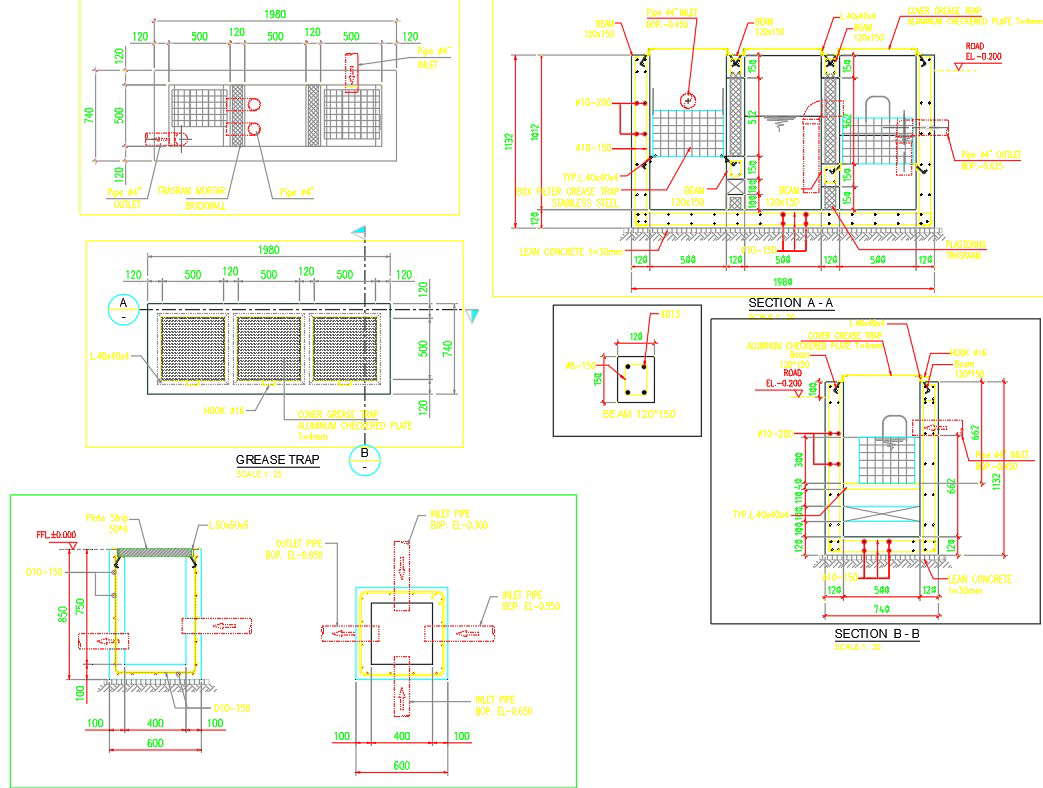 Grease trap design in detail AutoCAD 2D drawing, dwg file, CAD file