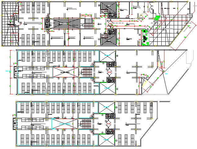 Ground, first & top floors layout plan of corporate office building dwg ...