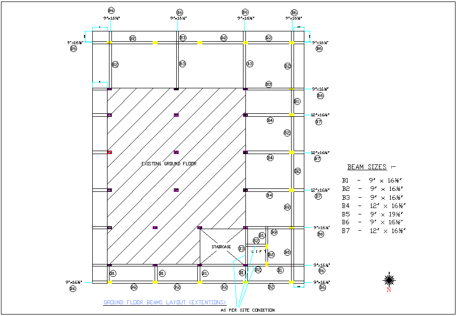 ground-floor-beam-layout-with-extension-view-and-view-of-beam-size-for-office-dwg-file-cadbull