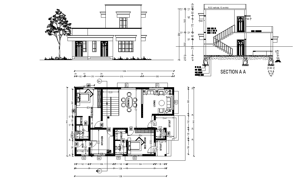 Ground floor and single room first-floor 2bhk house plan DWG file ...