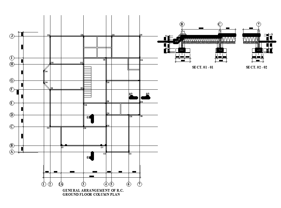 Ground floor column arrangement of 54’x54’ house plan is given in this ...