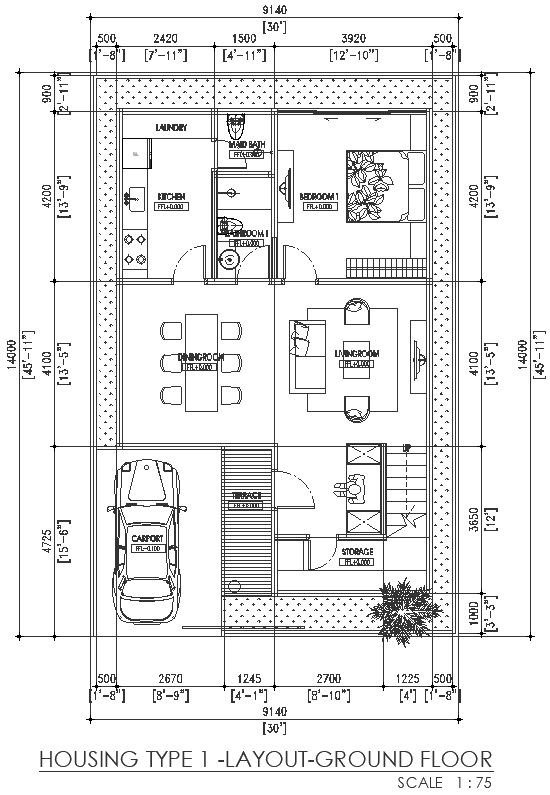 Ground floor of house design with parking area detailed plan DW AutoCAD ...