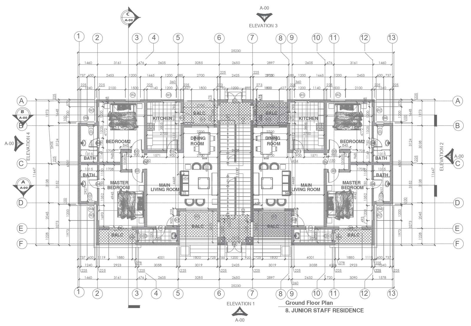 Ground floor plan for junior staff residence house plan with furniture ...