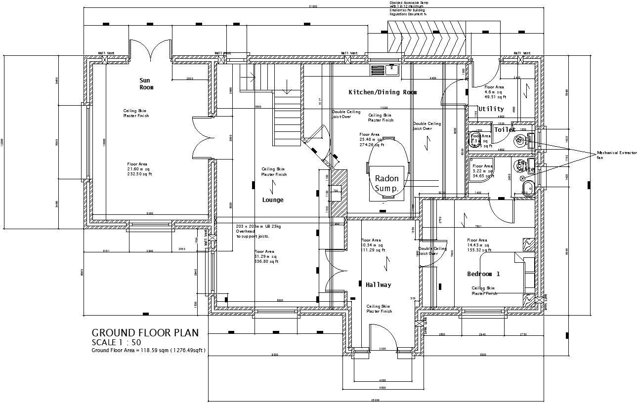 Ground floor plan of 1296sqft with dimensioning details. - Cadbull