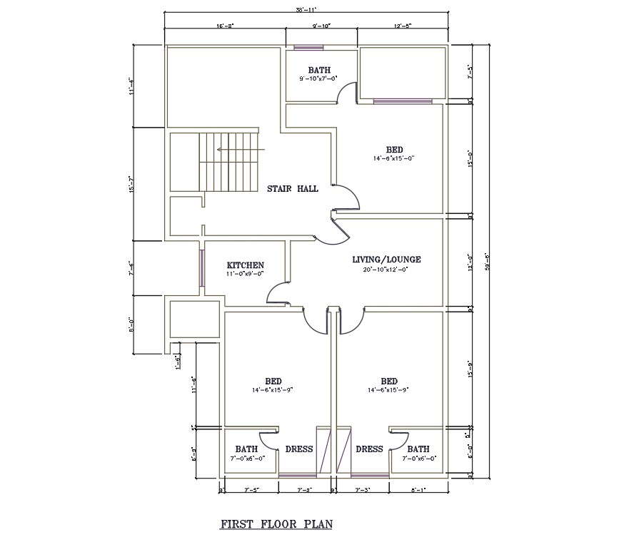 Ground Floor Single Story House Plan Of The Sizes 39x60 Download Autocad Dwg File Cadbull