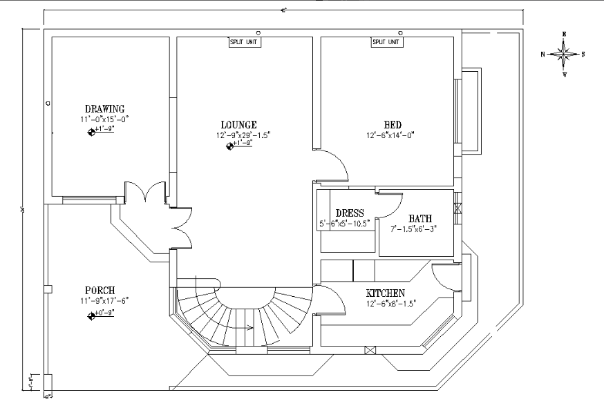 Ground Floor Single Story House Plan Of The Sizes 45x34download Autocad Dwg File Cadbull