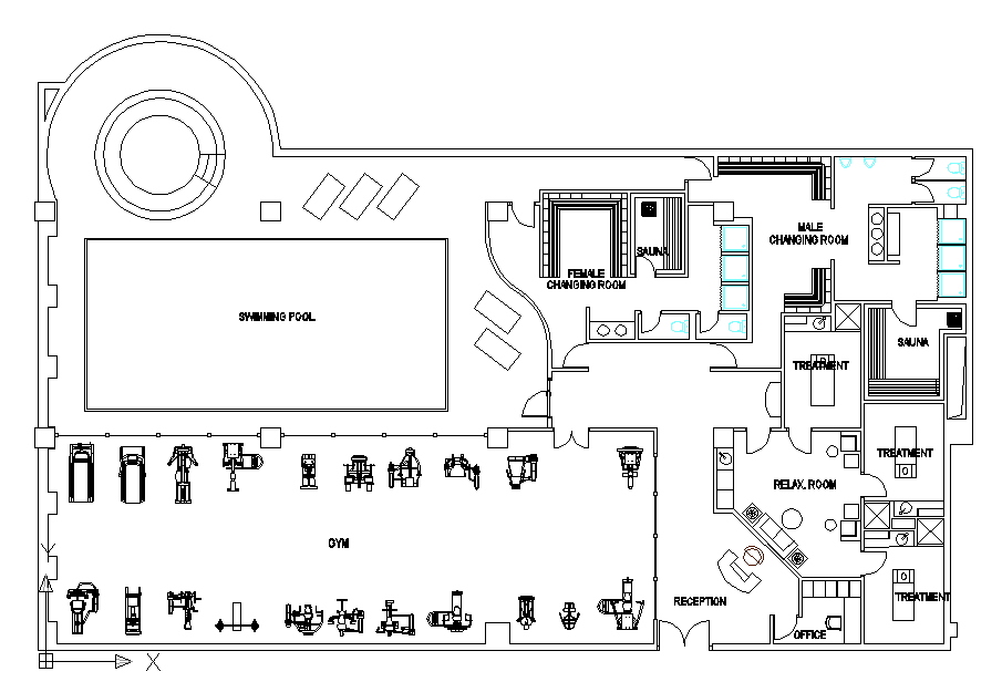 Gym layout plan dwg file Cadbull