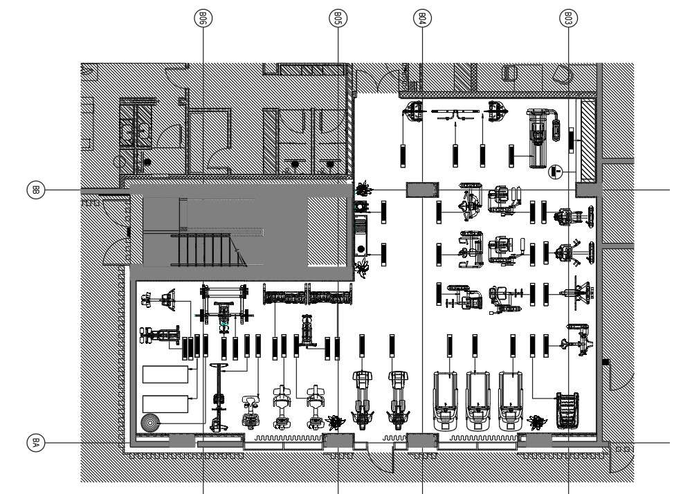 Gym building floor plan designs are given on this AutoCAD
