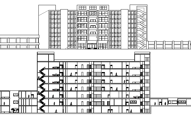Hospital with 260 bed main elevation and section view dwg