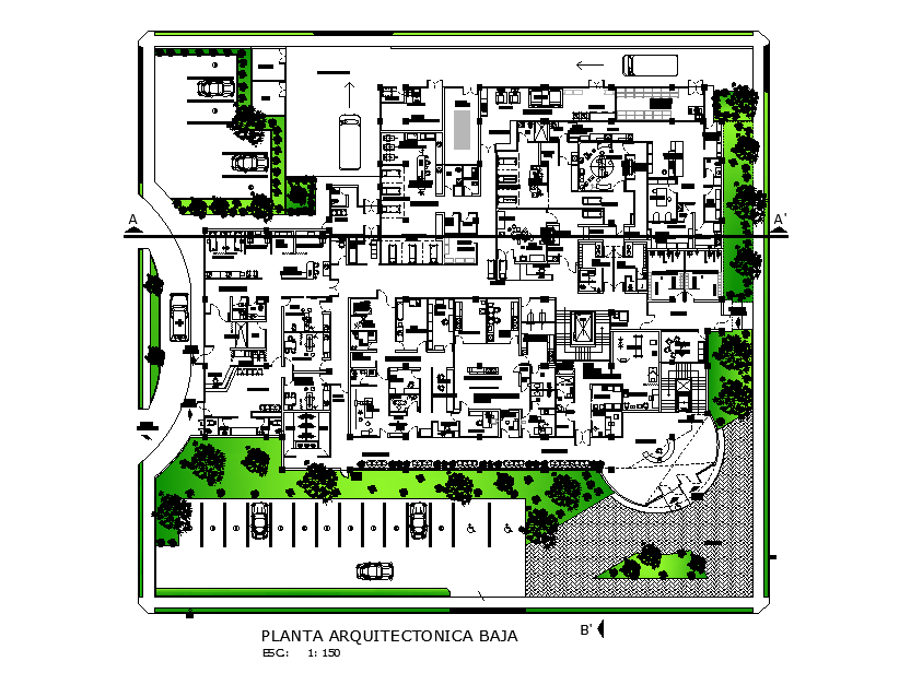 Hospital plan of low architectural floor is given in this 2D Autocad ...