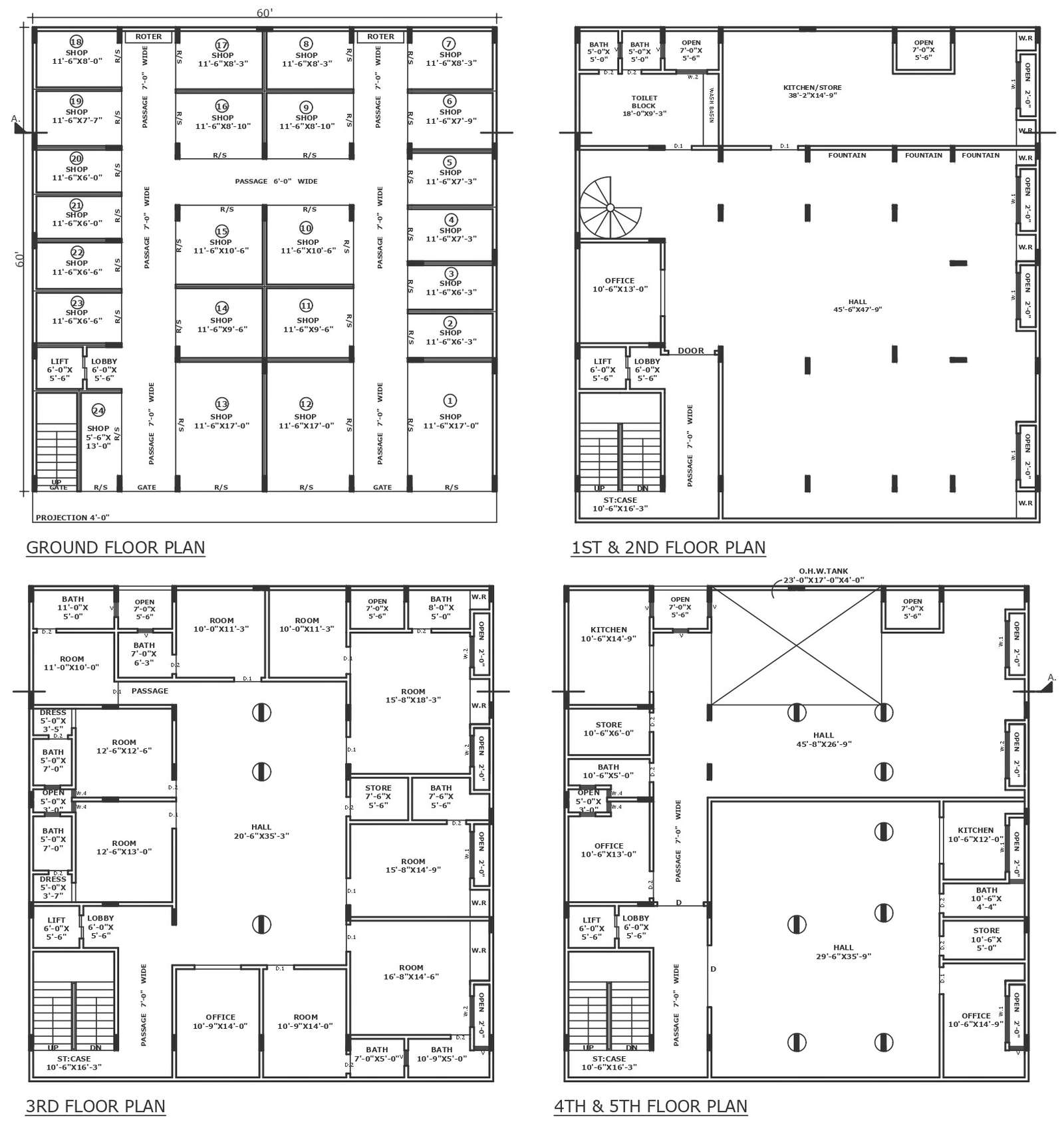 Hotel design with shops on ground floor all floor detailed plan DWG ...